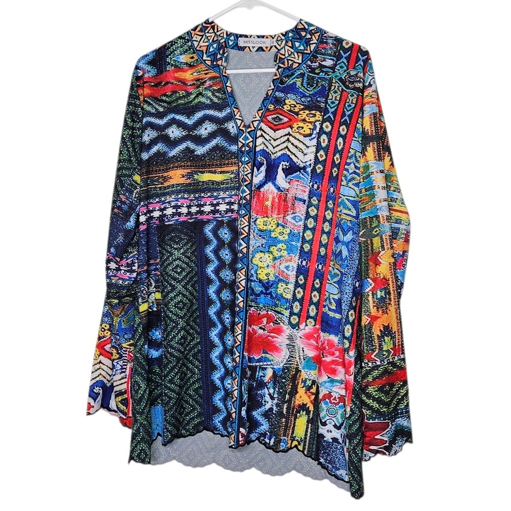 MISSLOOK XL Multicolor Tunic Top Aztec Bohemian Long Sleeve Blouse Art You Wear